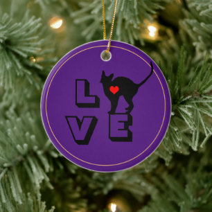 Black Cat & LOVE animals, cat lady  /Christmas Ceramic Ornament