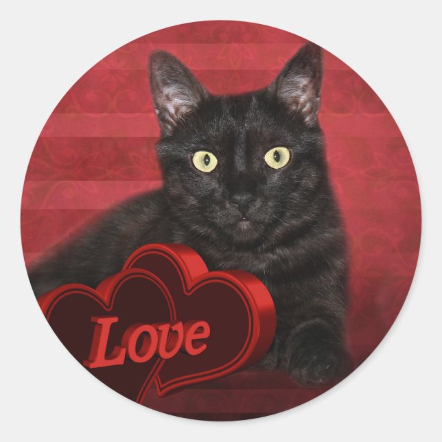 Black cat love classic round sticker (Front)
