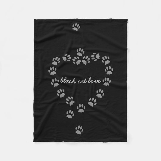 Black Cat Love Paw Print Heart Fleece Blanket