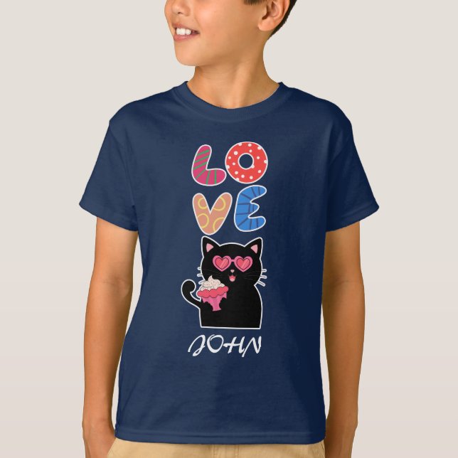 Black Cat, Love, Valentine's Day T-Shirt (Front)