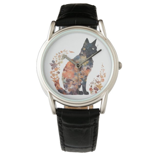 Black Cat Lover Costume Floral Flower Scary Hallow Watch (Front)