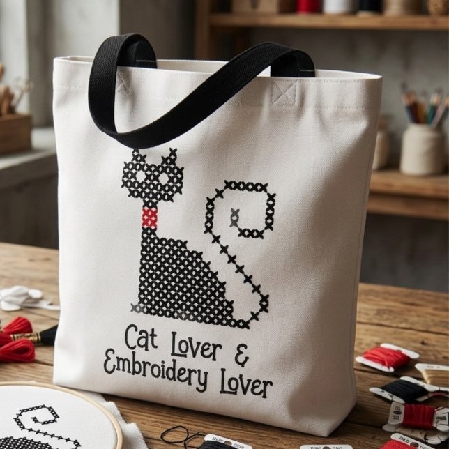 Black cat lover tote bag (Cat Lover & Embroidery Lover tote bag)