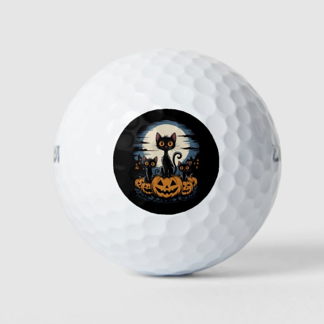 Black Cat Lovers Halloween Starry Night Van Gogh Golf Balls (Front)