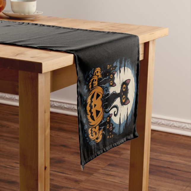 Black Cat Lovers Halloween Starry Night Van Gogh Short Table Runner (In Situ)
