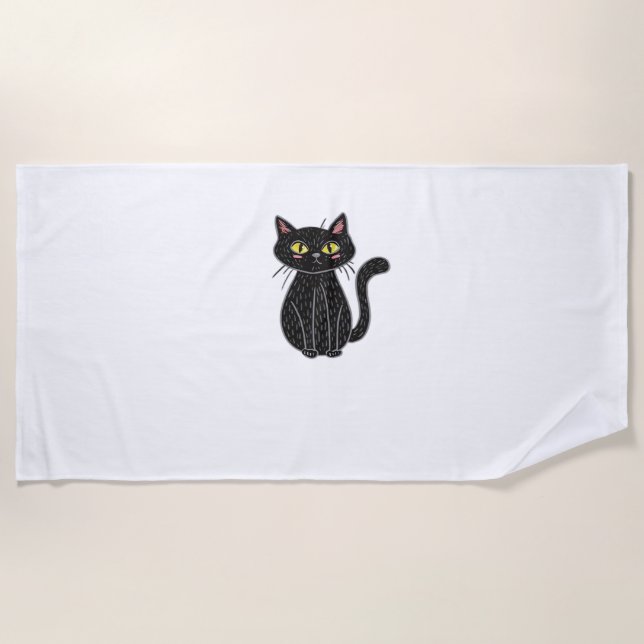 Black Cat Magic – Cute & Spooky Halloween Cat Art  Beach Towel (Front)