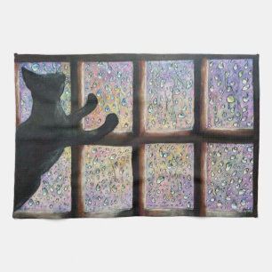 Black Cat, Magical, Raindrops, Original Painting Kitchen Towel