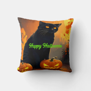 BLACK Cat Magick Halloween Cat Throw Pillow