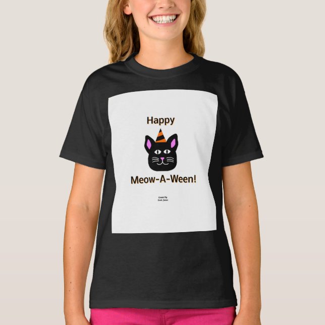 Black Cat Meow-A-Ween Girls Black Basic T Shirt (Front)