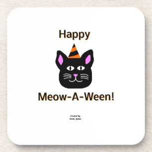 Black Cat Meow-A-Ween Hard Plastic Coaster