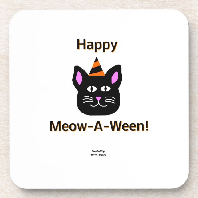 Black Cat Meow-A-Ween Hard Plastic Coaster (Front)