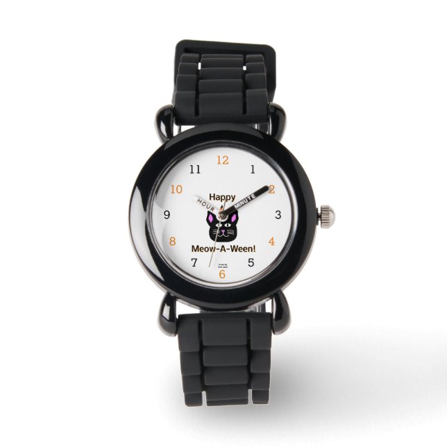 Black Cat Meow-A-Ween Kids Silver Glitter Watch (Front)