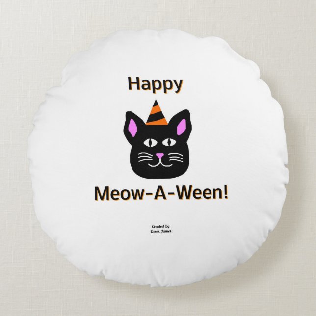 Black Cat Meow-A-Ween Round Throw Pillow (Front)