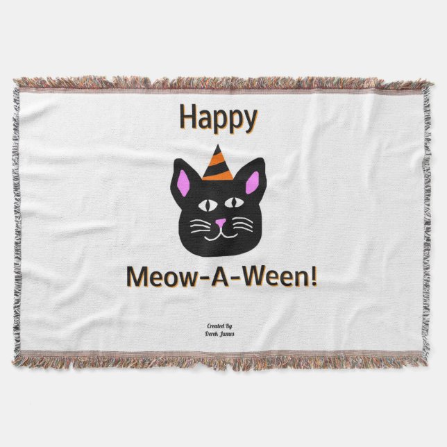 Black Cat Meow-A-Ween Throw Blanket (Front)