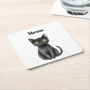 Black Cat Meow Square Paper Coaster