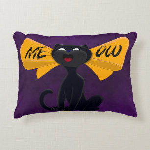 Black Cat Meowing in Halloween Orange Bow Accent Pillow