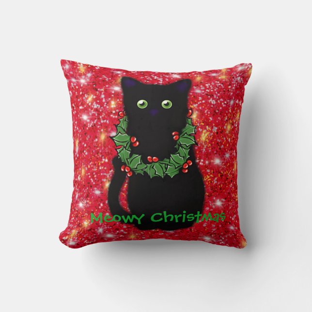Black cat | Meowy Christmas | Holly garland  Throw Pillow (Front)