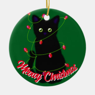 Black cat Meowy Christmas red twinkle lights Ceramic Ornament