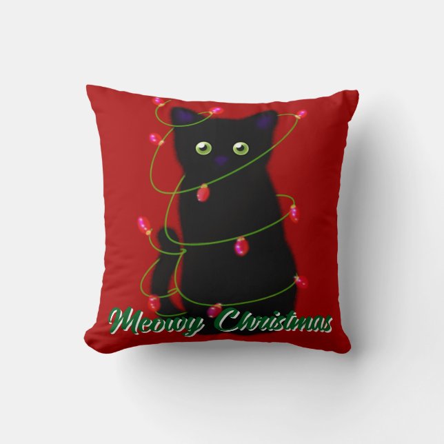 Black cat Meowy Christmas red twinkle lights  Throw Pillow (Front)