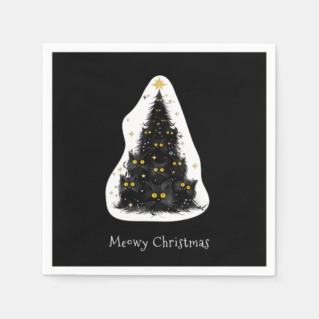 Black Cat Meowy Christmas Tree Napkin (Front)