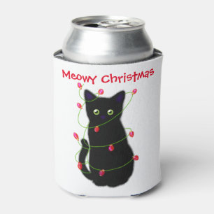 Black cat   Meowy Christmas    twinkle lights     Can Cooler