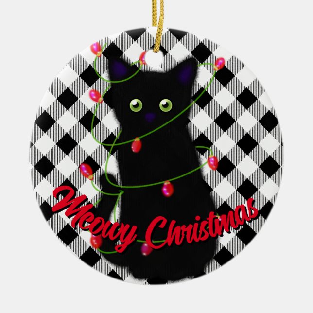Black cat Meowy Christmas twinkle lights gingham  Ceramic Ornament (Front)