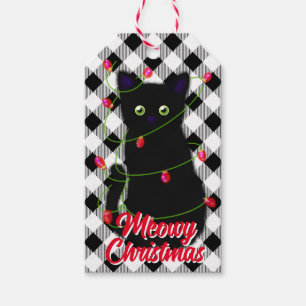 Black cat Meowy Christmas twinkle lights gingham Gift Tags
