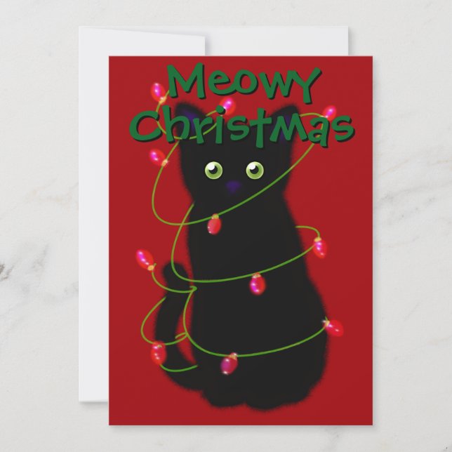 Black cat Meowy Christmas twinkle lights gingham  Holiday Card (Front)