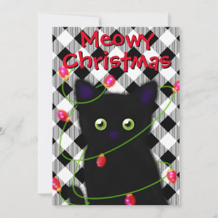 Black cat Meowy Christmas twinkle lights gingham Holiday Card