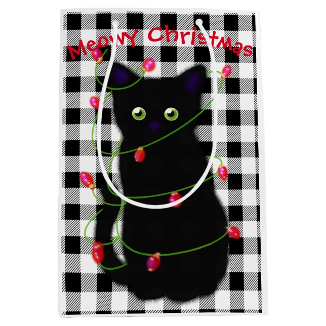 Black cat Meowy Christmas twinkle lights gingham  Medium Gift Bag (Front)