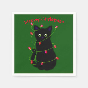 Black cat   Meowy Christmas    twinkle lights      Napkin