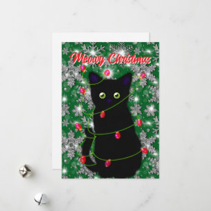 Black cat Meowy Christmas twinkle lights snowflake Holiday Card
