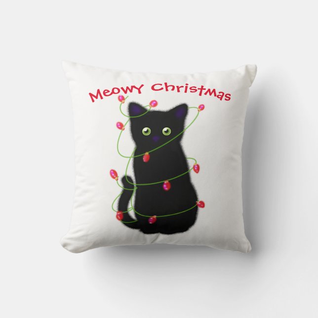 Black cat | Meowy Christmas | twinkle lights   Throw Pillow (Front)
