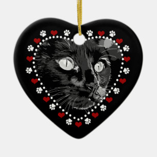 Black Cat Merry Yule Heart Ornament