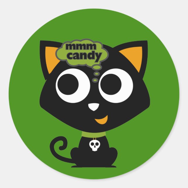 Black Cat Mmm Candy Halloween  Classic Round Sticker (Front)