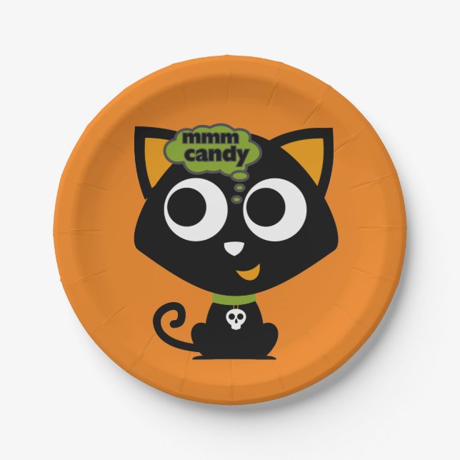 Black Cat Mmm Candy Halloween Paper Plate (Front)