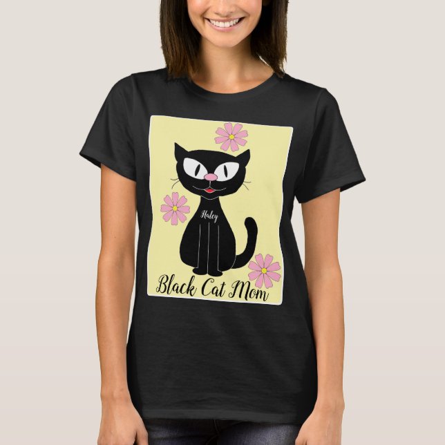 Black Cat Mom with Pretty Pink Flowers Cat Lover T-Shirt (Front)