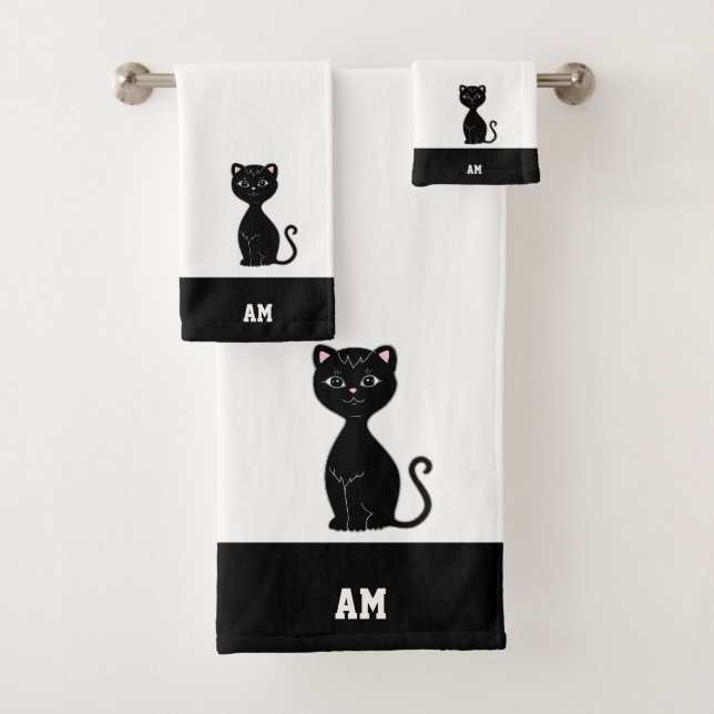 Black Cat & Monogram on Black & White Bath Towel Set (Insitu)
