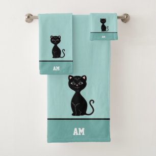 Black Cat & Monogram on Light Blue Bath Towel Set