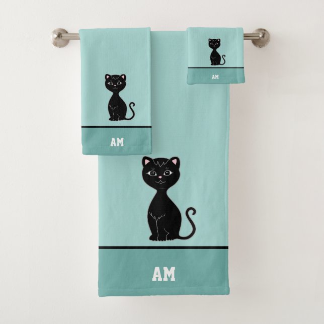 Black Cat & Monogram on Light Blue Bath Towel Set (Insitu)