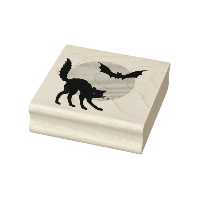 Black Cat, Moon and Bat Rubber Stamp (Stamp)