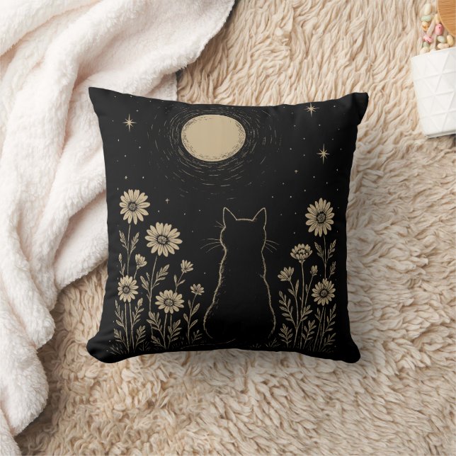 Black Cat Moon Minimalist Wildflower  Throw Pillow (Blanket)