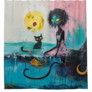 Black Cat Moon Ocean Pink Magical Witchy AI Art