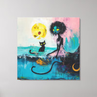 Black Cat Moon Ocean Pink Magical Witchy AI Art