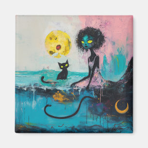 Black Cat Moon Ocean Pink Magical Witchy AI Art Magnet