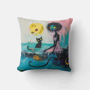 Black Cat Moon Ocean Pink Magical Witchy AI Art Throw Pillow