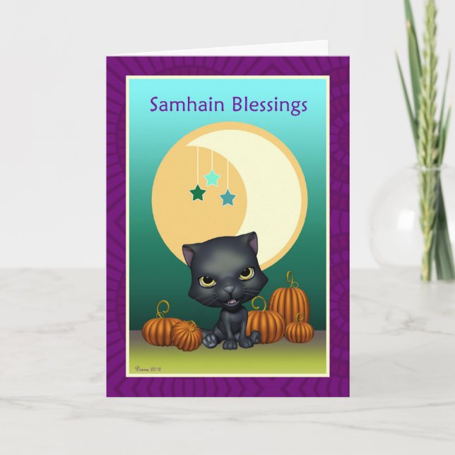 Black Cat Moon Samhain Blessings Greeting Card (Front)