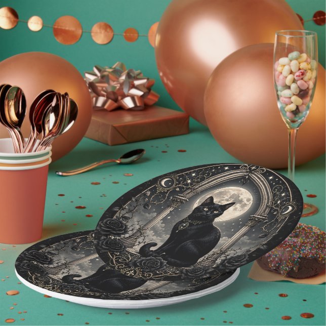 Black Cat Moonlit Gothic Celestial Dark Romance Paper Plate (Multi)