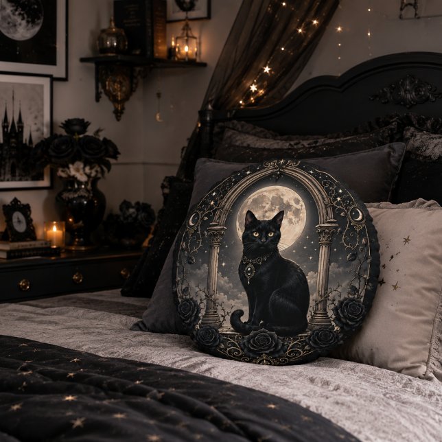Black Cat Moonlit Gothic Celestial Dark Romance Round Pillow (Creator Uploaded)