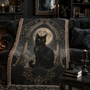 Black Cat Moonlit Gothic Celestial Dark Romance Throw Blanket