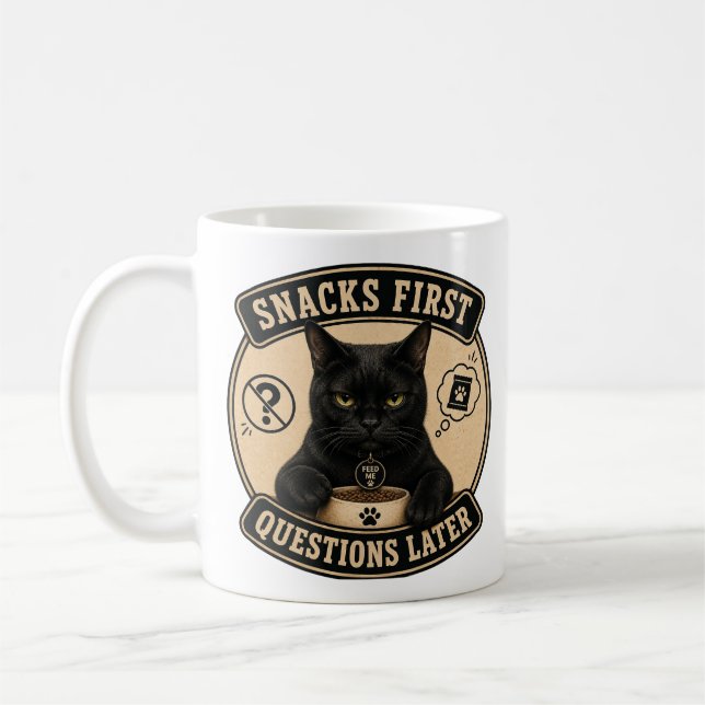 Black Cat Mug | Snacks First Questions Later (Left)
